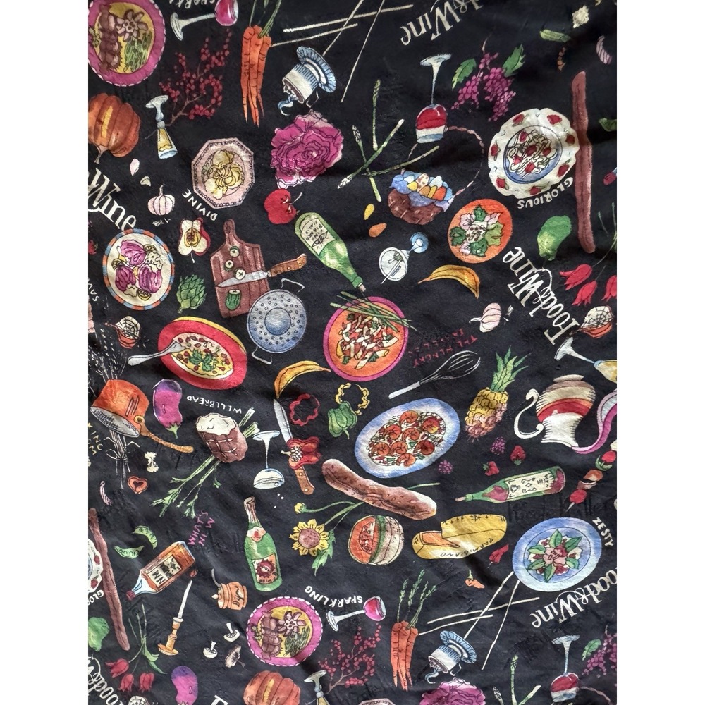 Vintage Nicole Miller x Food & Wine Large Black Silk Scarf Colorful Food Motif